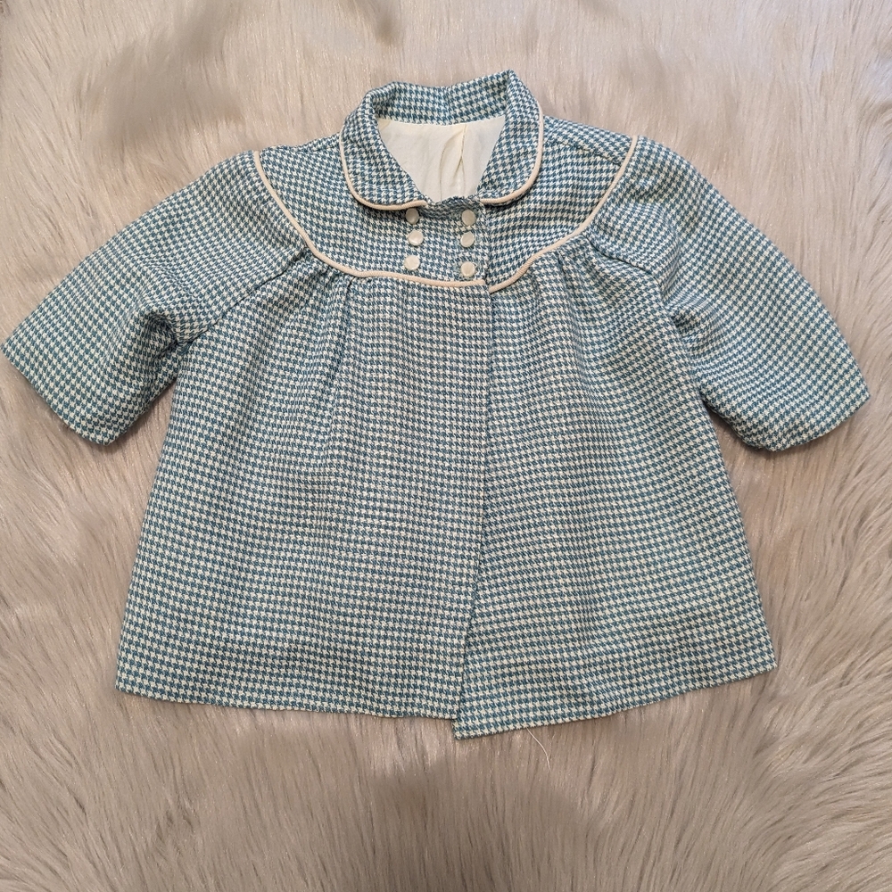 Vintage teal and cream gingham print coat size 12 M